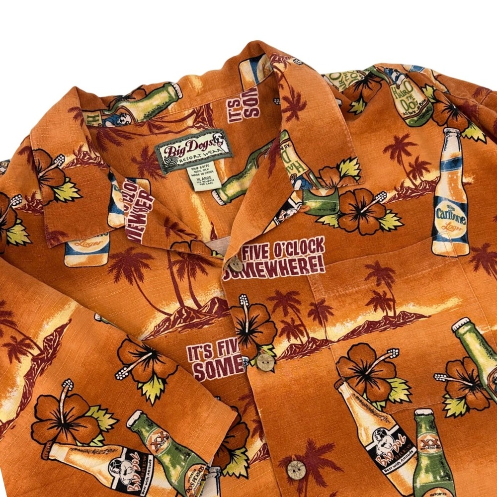 Big Dogs Resort Wear Silk Shirt Orange Beer Five OClock Somewhere Mens XL